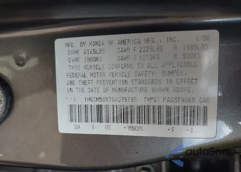 2006 Honda Accord 2.4 Ex from USA, damaged, VIN 1HGCM56876A075195
